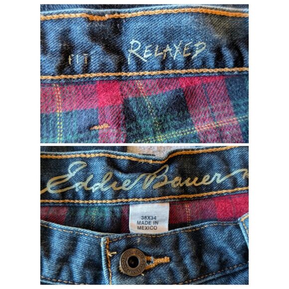 Eddie Bauer Straight Leg Relaxed Red Plaid Flannel Lined Jean Sz 38x34 - Picture 8 of 9
